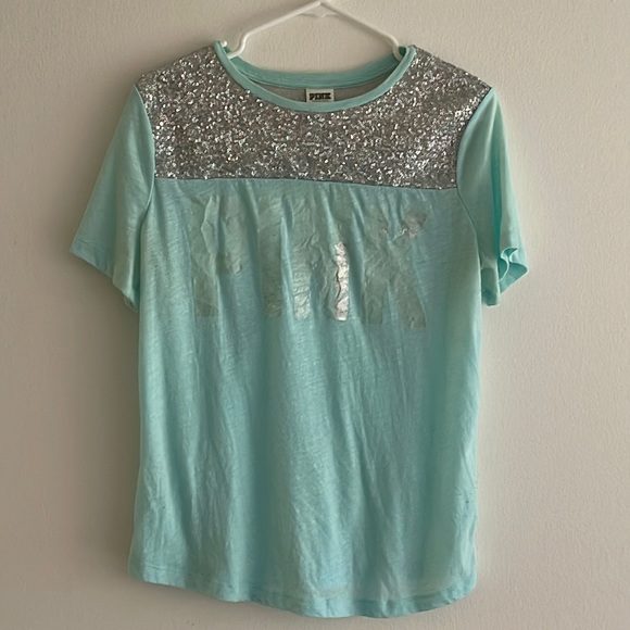VS PINK | Women’s Aqua Iridescent Sequin Short Sleeve Distressed Logo Top Size M - Picture 1 of 7